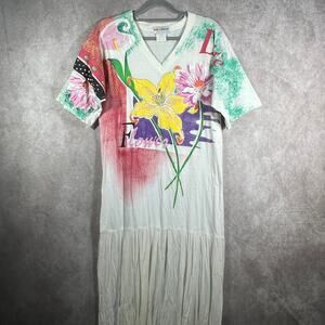 Vintage Kolorway Maxi‎ Dress Womens One Size White Floral Art To Wear Boho